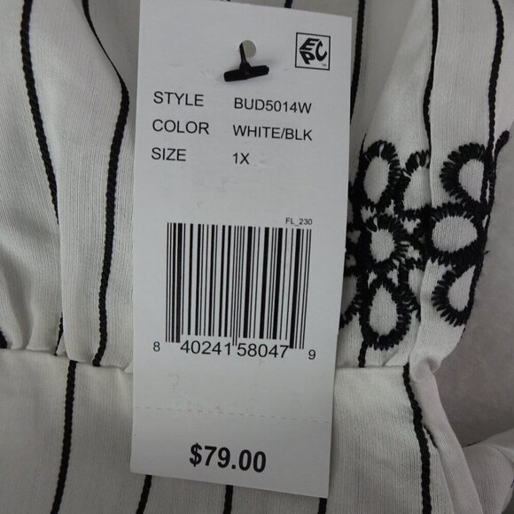 Calessa Tunic Top Women's Size 1X White Black Embroidery Loose Fit Bell Sleeve - Picture 7 of 8